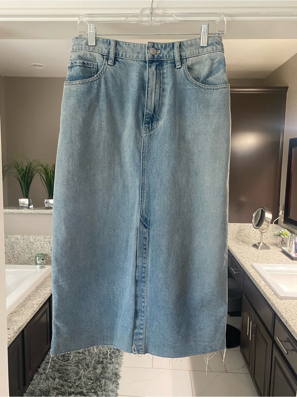 We The Free Light Blue Denim Midi Skirt with Front Seam